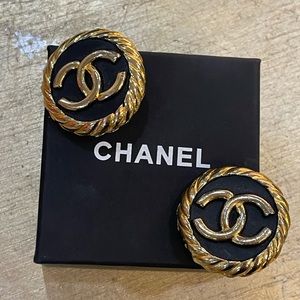 CHANEL gold+black logo button earrings